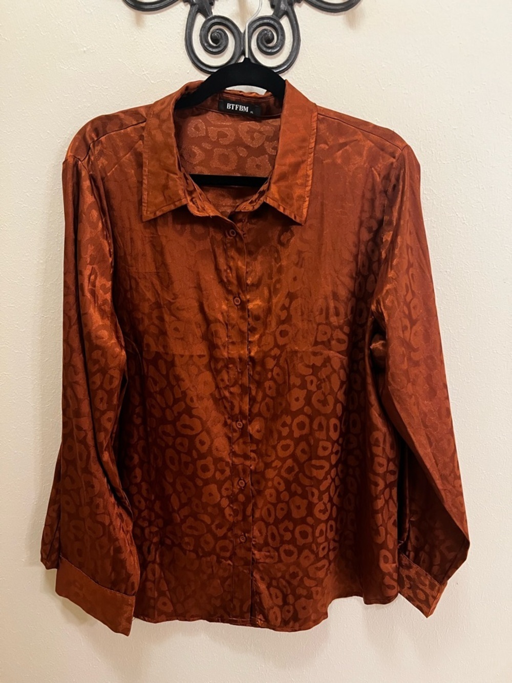 BTFRM Women's Rust Leopard Satin Button-Down Shirt